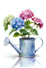 Watercolor painting of hydrangea flowers in a watering can on wh
