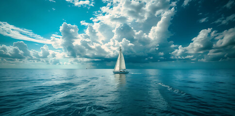 A vast seascape with a sailboat floating in the middle of the sea, where the horizon meets the clear sky.