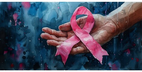 Pink Ribbon Hand: A Symbol of Breast Cancer Awareness Generative AI - obrazy, fototapety, plakaty