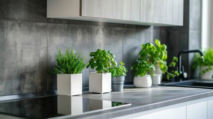 Modern kitchen with scented green plants, Closeup