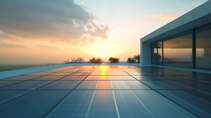 Solar energy panels on the roof of a home harnessing photovoltaic power for eco-friendly electricity. Greenhouse with solar panel system reflects future engineer technology and ecological.