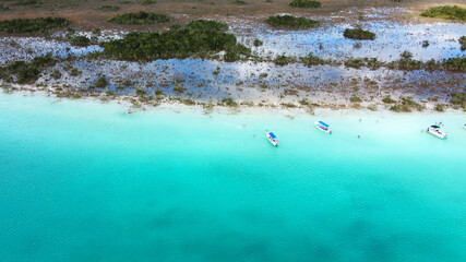 Aerial Drone view of the Pirate Channel of Bacalar Quintana roo,
Cancun, in Riviera Maya, Mexico
Lagoon of seven colors aerial view.