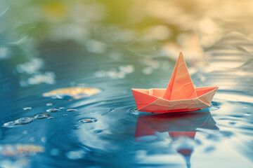 Paper boat sailing on blue water surface.