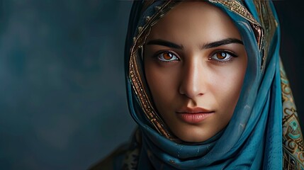 Portrait of a young muslim woman isolated and showing blank area, realistic, HD, copy space - generative ai