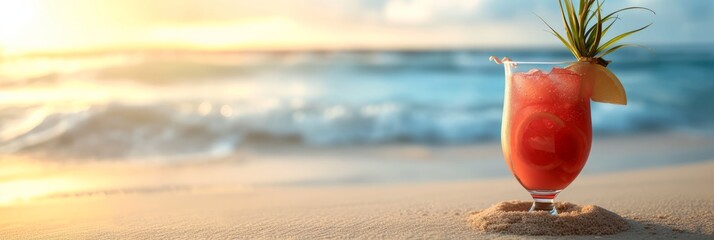 Exotic summer cocktail on the sand against the backdrop of a sunny beach with space for text. AI generative