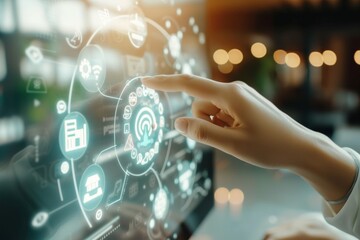 female hand touching smart device with computer icons