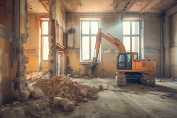 Fototapeta na wymiar Old building demolition. New construction site.