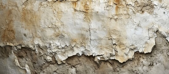 Fototapeta premium A detailed view of a weathered concrete wall, revealing peeling beige paint, resembling a bedrock pattern.