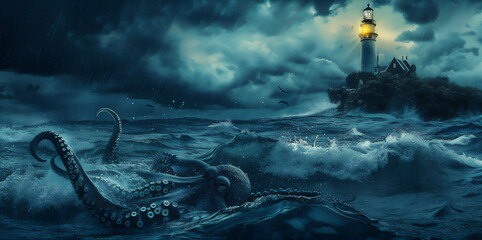 Fototapeta premium lighthouse in the sea and the giant octopus under water