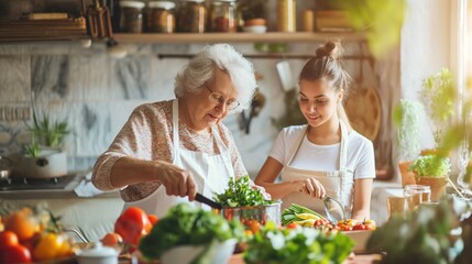 Old woman grandma and her young granddaughter cooking at vintage kitchen smiling transfer of knowledge and skills concept