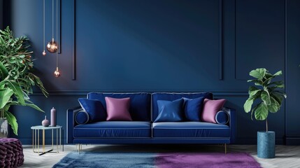 Elegant navy blue living room with velvet couch and modern decor. - obrazy, fototapety, plakaty