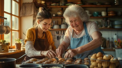 Old woman grandma and her young granddaughter cooking at vintage kitchen smiling transfer of knowledge and skills concept