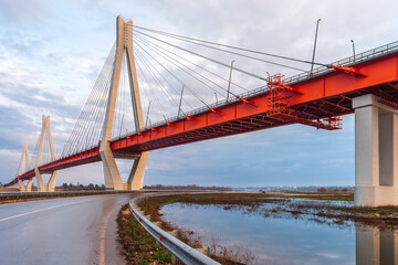 Cable-stayed bridge at sunset against a beautiful sky. Murom. Russia.