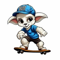 Cartoon Character Riding Skateboard on White Background