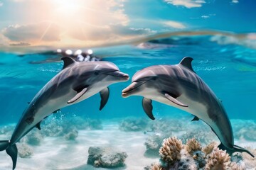 a couple of dolphins swimming in the ocean underwater,