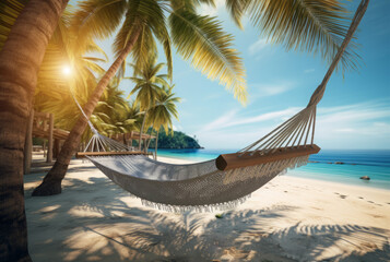 Hammock on beach at beautiful sunset near ocean shore attached to a palm tree. Caribbean vacation