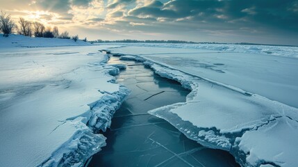 Cracked ice on river with snow-covered banks during sunset.