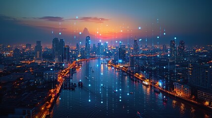 Obraz premium smart city points connected with gradient lines Metaverse technology connection concept, night signal with big data.