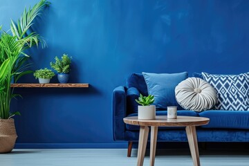 Modern interior design with blue velvet sofa and decorative plants.