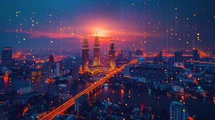 Tuinposter smart city points connected with gradient lines Metaverse technology connection concept, night signal with big data. © Morng