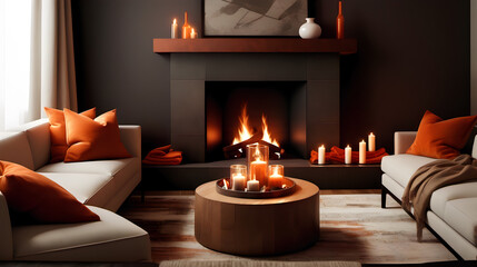 Cozy Fireside Oasis: Apartment with Fireplace, Relaxing Seating, Warm Chestnut Brown, Soft Beige, and Ember Orange Accents