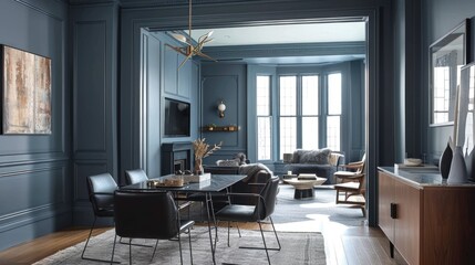 Elegant blue living room with classical design elements and modern furniture.