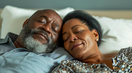 Mature happy senior black couple sleeping together and sharing a healthy sleep