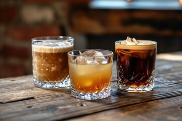 Assorted coffee drinks in crystal glasses on wooden table.