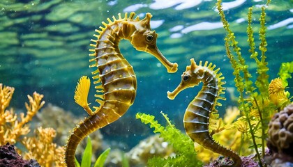 Several seahorses in the saltwater aquarium