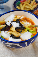 メキシコのスープ　ソパ・デ・トルティージャ（ソパ・アステカ）コピースペースあり
 Mexican soup　Sopa de Tortilla (Sopa Azteca）with copy space
