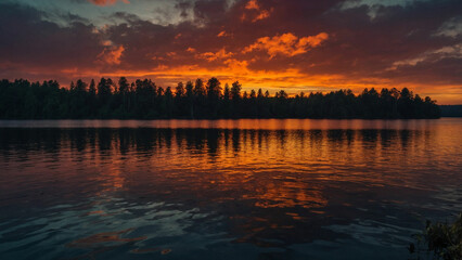 Fototapeta na wymiar Frame the stark contrast between the dark silhouettes of the trees against the vibrant hues of the sunset sky and capturing the magical moment when day meets night at the edge of the serene lake