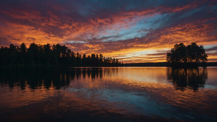 Fototapeta premium Frame the stark contrast between the dark silhouettes of the trees against the vibrant hues of the sunset sky and capturing the magical moment when day meets night at the edge of the serene lake