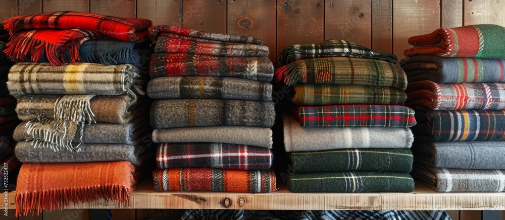 Poster a wooden shelf lined with stacks of plaid blankets, showcasing tartan patterns for an event or as pe