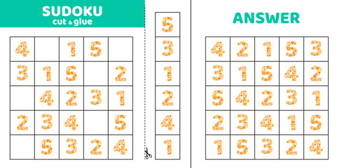 Sudoku with five orang floral numbers. Game puzzle for kids. Cut and glue. Doodle