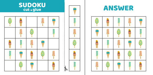 Fototapeta na wymiar Sudoku with five colorful ice creams. Game puzzle for kids. Cut and glue. Cartoon