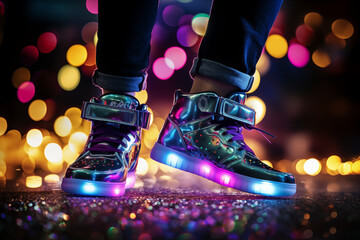 Colorful shiny modern sneakers on feet on sparkling lights background, generated by AI
