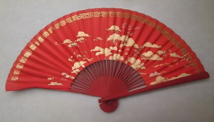 Red and gold Chinese fan on white 