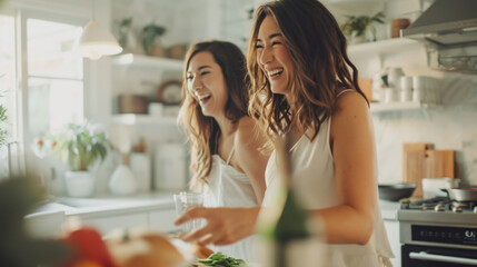 In a homely kitchen, women come together to cook, their smiles and laughter adding warmth to their culinary creations, epitomizing a healthy and joyful lifestyle - obrazy, fototapety, plakaty