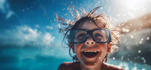 Le bonheur d'un petit garçon jouant dans une piscine. - obrazy, fototapety, plakaty