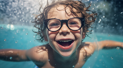 Le bonheur d'un petit garçon jouant dans une piscine. - obrazy, fototapety, plakaty
