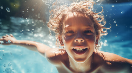 Le bonheur d'un petit garçon se baignant dans une piscine. - obrazy, fototapety, plakaty