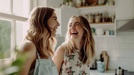 Fototapeta premium In a homely kitchen, women come together to cook, their smiles and laughter adding warmth to their culinary creations, epitomizing a healthy and joyful lifestyle