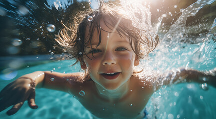 Obraz na płótnie Canvas Le bonheur d'un petit garçon se baignant dans une piscine.