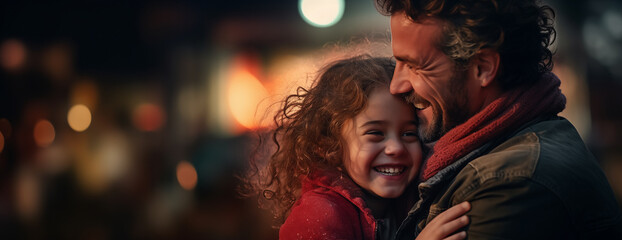 Un père et sa fille se serrant dans les bras. Les yeux remplis de bonheur
