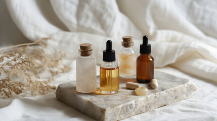 Fototapeta na wymiar neutral-toned skincare bottles on a circular stone platform with delicate dried flowers in a vase, casting soft shadows in a bright, airy setting