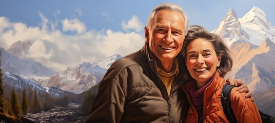 Une illustration d'un couple senior, heureux, amoureux, dans un paysage de montagne, image avec espace pour texte.