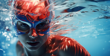 Une femme dans une piscine avec des lunettes et un bonnet de bain, la tête sous l'eau.