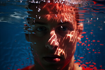 Un jeune homme dans une piscine, la tête sous l'eau.