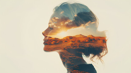 Double exposure of a woman's head with desert landscape in the background - obrazy, fototapety, plakaty