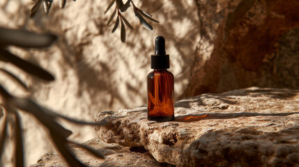 Aesthetic composition of a dropper bottle on a textured stone with a dried plant and shadows...